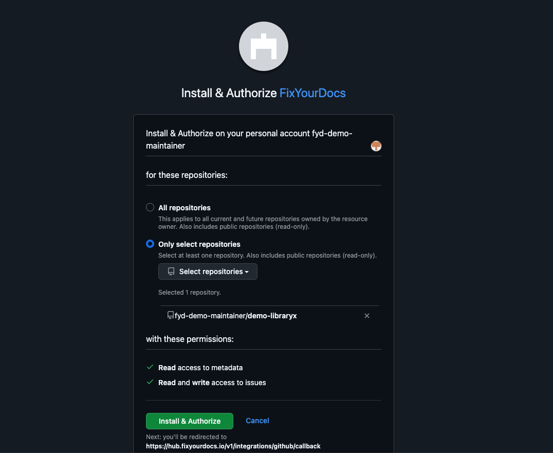 Granting the App access to your repo on GitHub