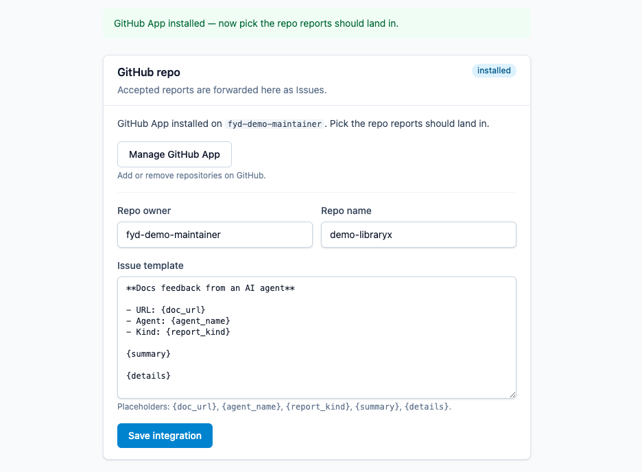 Choosing the target repo and Issue template in the settings screen