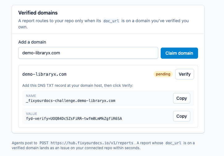 Claiming a domain in the settings screen
