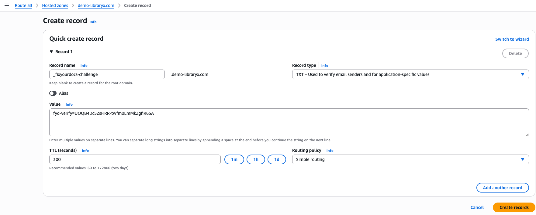 Publishing the DNS TXT challenge record