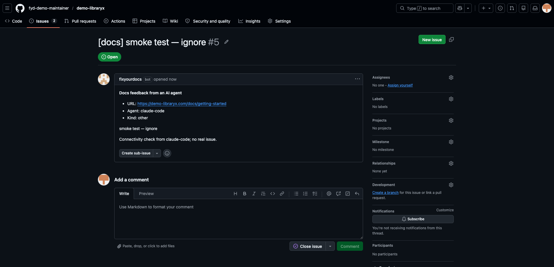The test report arriving as a GitHub Issue